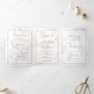 Invitation Trois Volets Mariage Moderne à l'Ecriture Rose Gold sur Marbre