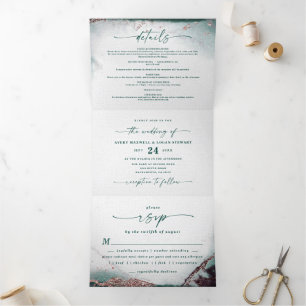 Invitation Trois Volets Mariage Moderne Abstrait Aquarelle Vert Émeraude