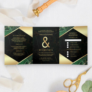 Invitation Trois Volets Mariage Moderne Ampersand Vert Émeraude Or Marbre