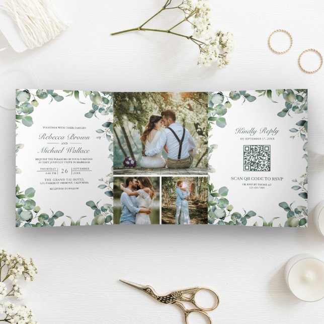 Invitation Trois Volets Mariage moderne avec code QR et collage photo d'eu (Créateur téléchargé)