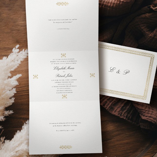 Invitation Trois Volets Mariage Moderne Classique Formel Ivoire Lys Doré (formal traditional wedding invitation modern classic gold ivory deco ballroom all in one trifold)