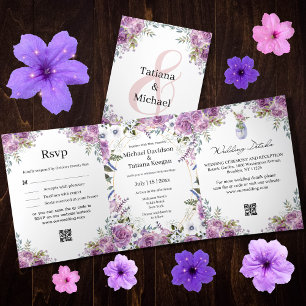 Invitation Trois Volets mariage moderne design aquarelle violet