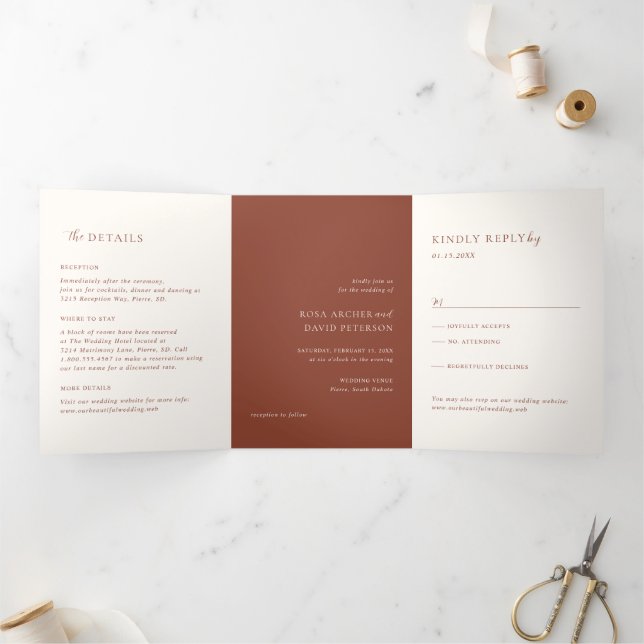Invitation Trois Volets Mariage Moderne Editorial Cuivre Rustique (Intérieur)