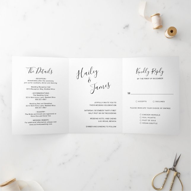 Invitation Trois Volets Mariage Moderne Élégant en Noir et Blanc (Intérieur)