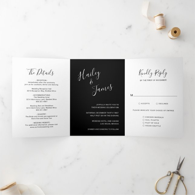 Invitation Trois Volets Mariage Moderne Élégant Noir (Intérieur)