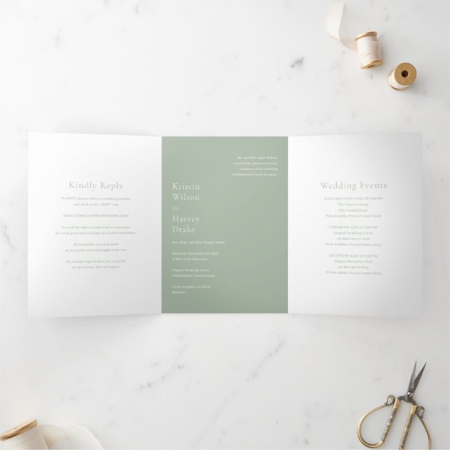 Invitation Trois Volets Mariage Moderne Élégant Vert Sauge (Intérieur)