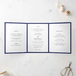 Invitation Trois Volets Mariage Moderne Monogramme Bleu Marine Élégant