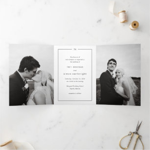 Invitation Trois Volets Mariage Moderne Monogramme Noir et Blanc Intempore