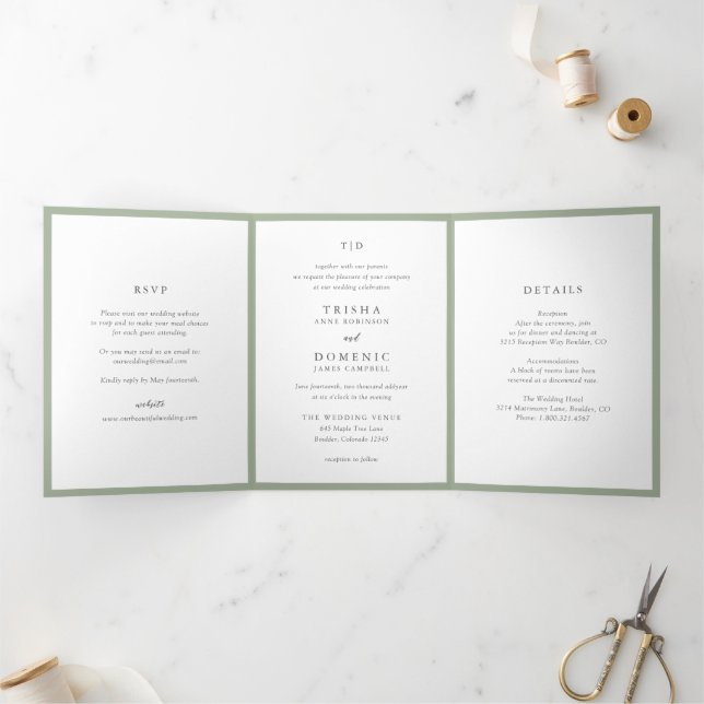 Invitation Trois Volets Mariage Moderne Monogramme Vert Sauge Élégant (Intérieur)