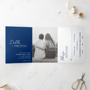 Invitation Trois Volets Mariage Moderne Photo Bleu Marine Minimaliste