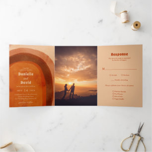 Invitation Trois Volets Mariage Moderne Photo d'Arche Rustique Orange Brûl
