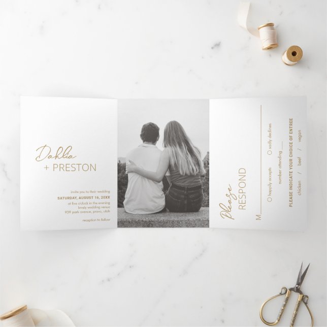 Invitation Trois Volets Mariage Moderne Photo Or Minimaliste (Intérieur)