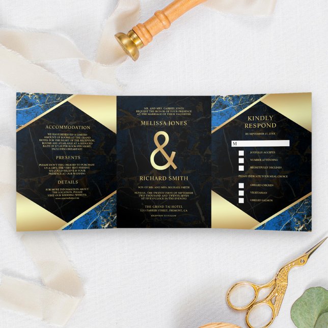 Invitation Trois Volets Mariage moderne Royal Blue Gold Marble Ampersand (Créateur téléchargé)