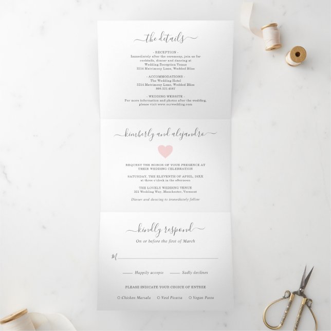 Invitation Trois Volets Mariage Moderne Simple Cœur Rose (Intérieur)