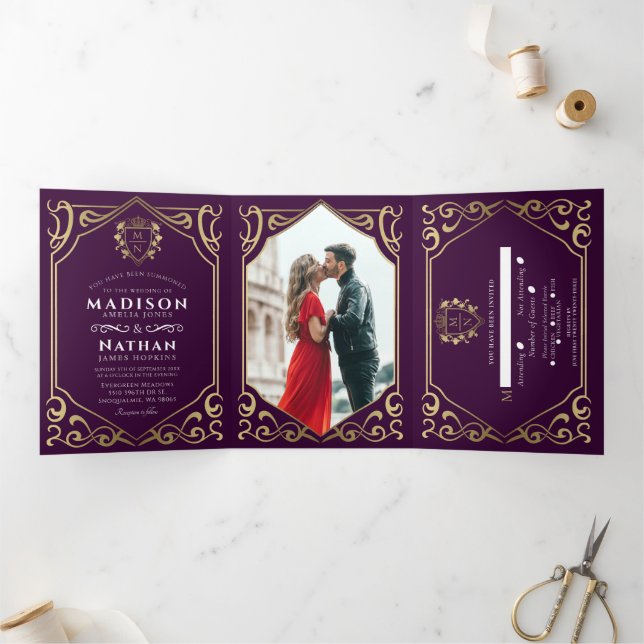 Invitation Trois Volets Mariage Monogramme Fantastique Médiéval Royal Aube (Intérieur)