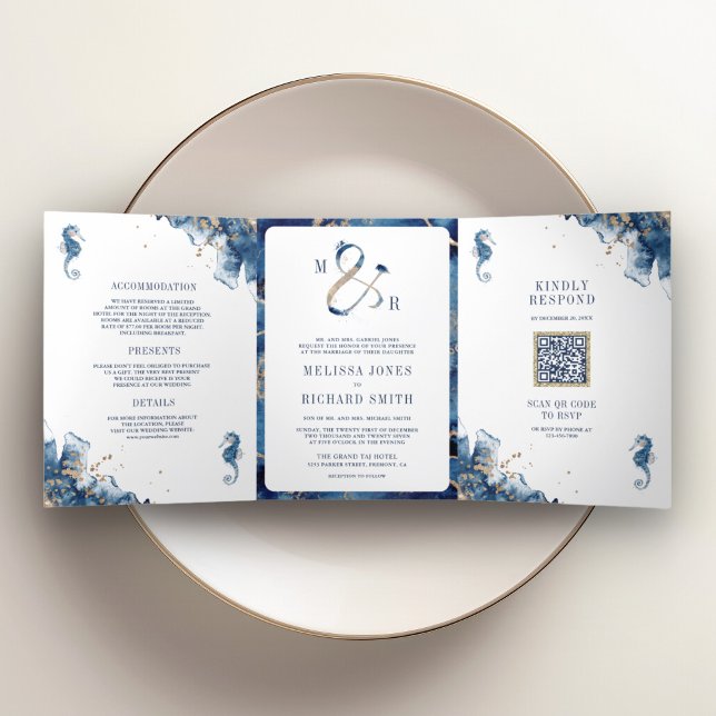 Invitation Trois Volets Mariage Monogramme Marin de la Marine & Code QR (Créateur téléchargé)