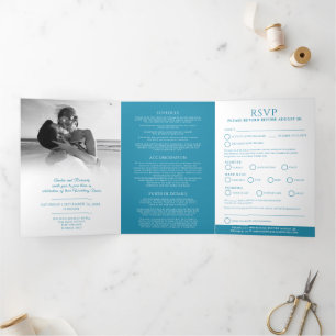 Invitation Trois Volets Mariage monogramme ovale option RSVP bleu turquois