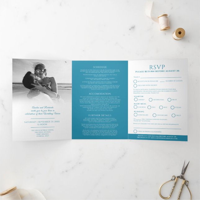 Invitation Trois Volets Mariage monogramme ovale option RSVP bleu turquois (Intérieur)