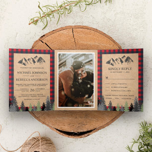 Invitation Trois Volets Mariage Montagnard Rustique Kraft Rouge à Carreaux