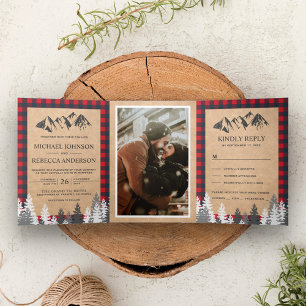 Invitation Trois Volets Mariage Montagnard Rustique Kraft Rouge à Carreaux