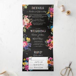 Invitation Trois Volets Mariage Moody foncé de Fleurs pressées