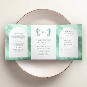 Invitation Trois Volets Mariage Nautical Seafoam Arch All in One Seahorse