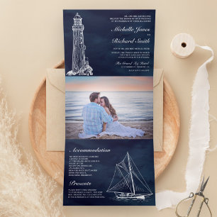Invitation Trois Volets Mariage nautique Bateau-phare Bleu marine