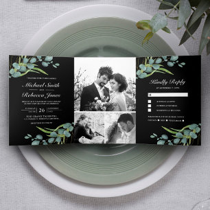 Invitation Trois Volets Mariage noir au collage photo d'eucalyptus rustiqu