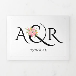 Invitation Trois Volets Mariage noir blanc, orange et rose rose roses