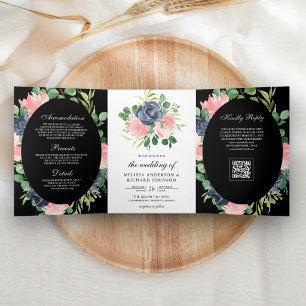 Invitation Trois Volets Mariage Noir Code QR Floral Rose Pâle Bleu Marine