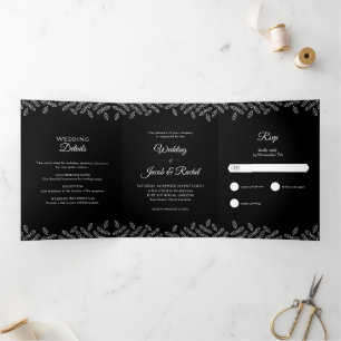 Invitation Trois Volets Mariage noir et blanc Feuille élégant