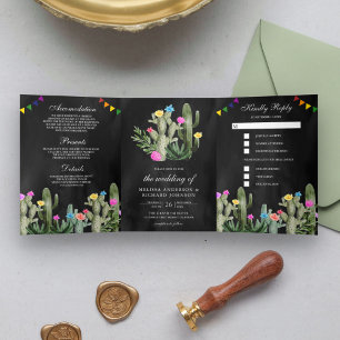 Invitation Trois Volets Mariage noir Floral Fiesta Cactus mexicain