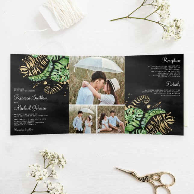 Invitation Trois Volets Mariage Noir Monstera Palmier Or Vert Tropical (Créateur téléchargé)