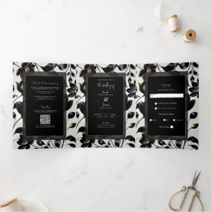 Invitation Trois Volets Mariage noir & or Floral Greige