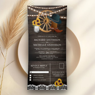 Invitation Trois Volets Mariage occidental rustique grange bois tournesols