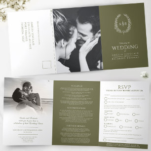 Invitation Trois Volets Mariage ovale monogramme RSVP olive vert blanc