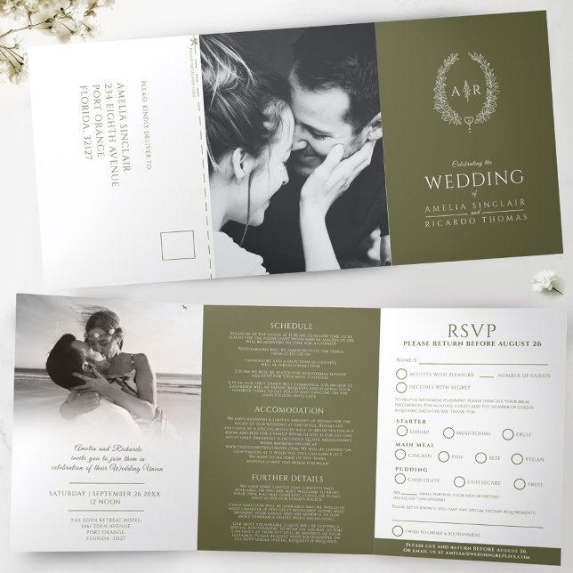 Invitation Trois Volets Mariage ovale monogramme RSVP olive vert blanc (Créateur téléchargé)