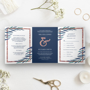Invitation Trois Volets Mariage Paillettes Or Rose Feuilles Bleu Marine