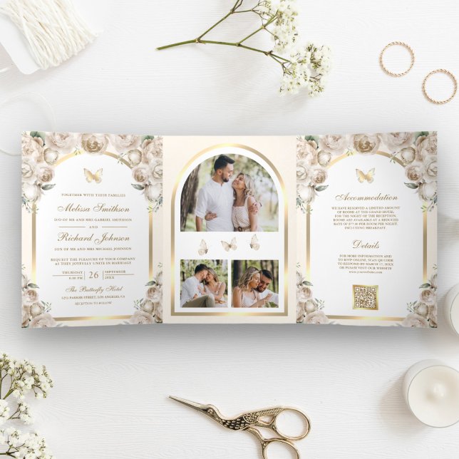 Invitation Trois Volets Mariage Papillon Arc Doré Fleur Crème d'Ivoire (Créateur téléchargé)