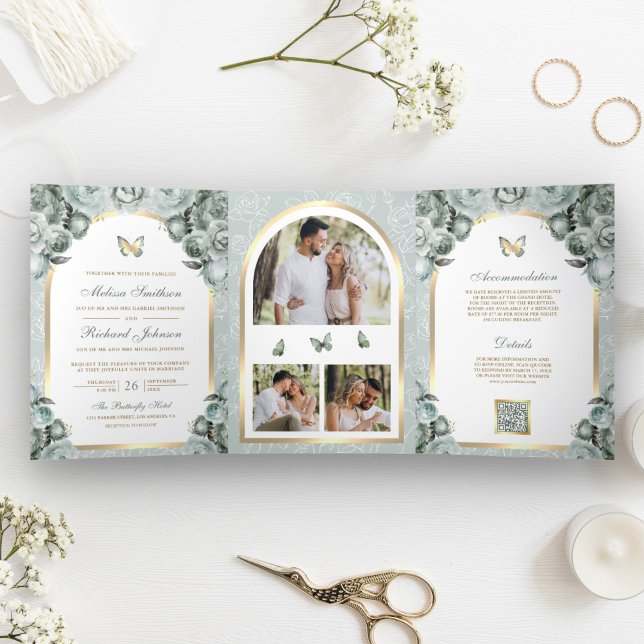 Invitation Trois Volets Mariage Papillon Arc Doré Floral Vert Sauge (Créateur téléchargé)