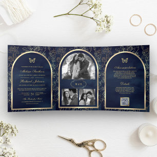 Invitation Trois Volets Mariage Papillon Arc en Or Ligne d'Art Bleu Marine