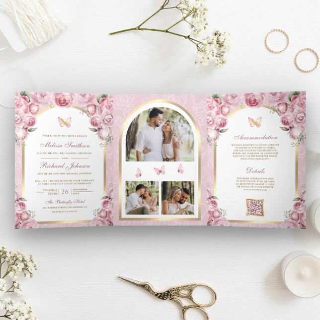 Invitation Trois Volets Mariage Papillon Arche Dorée Fleur Rose Rougissant (Créateur téléchargé)