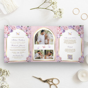 Invitation Trois Volets Mariage Papillon Arche Florale Rose Lavande Or