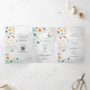Invitation Trois Volets Mariage papillon floral aquarelle coloré