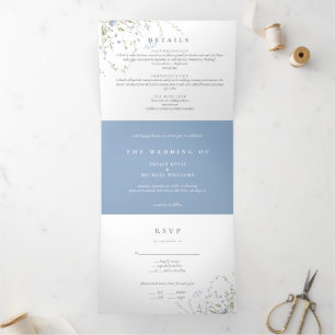 Invitation Trois Volets Mariage périphérique Fleur sauvage bleu, tous allu
