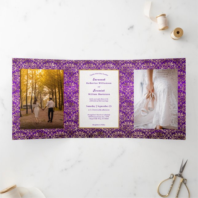 Invitation Trois Volets Mariage personnalisable violet or damassé (Intérieur)
