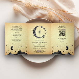 Invitation Trois Volets Mariage Phases de la lune de croissant céleste vin