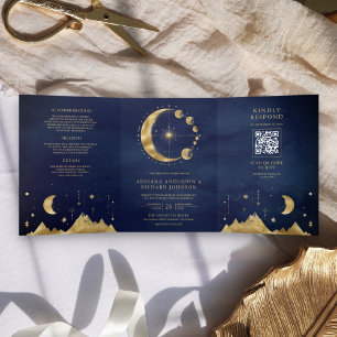 Invitation Trois Volets Mariage Phases du croissant d'or bleu céleste
