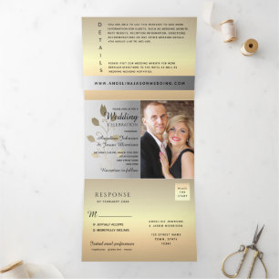 Invitation Trois Volets mariage photo 3 en 1 argent et or
