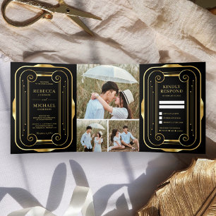 Invitation Trois Volets Mariage photo Art déco Black and Gold Foil